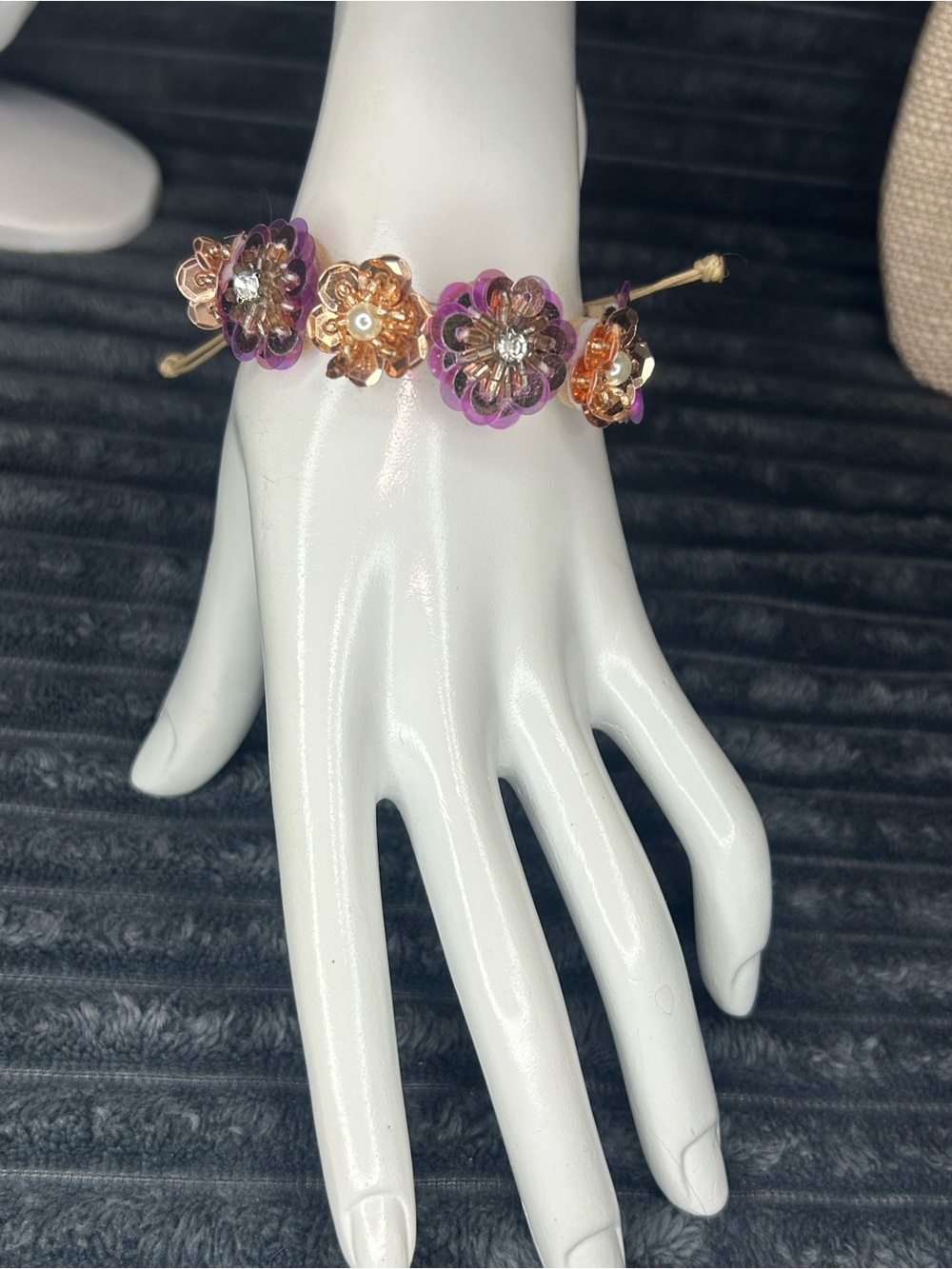 Floral Beaded Statement Bracelet – Adjustable Macramé Cord